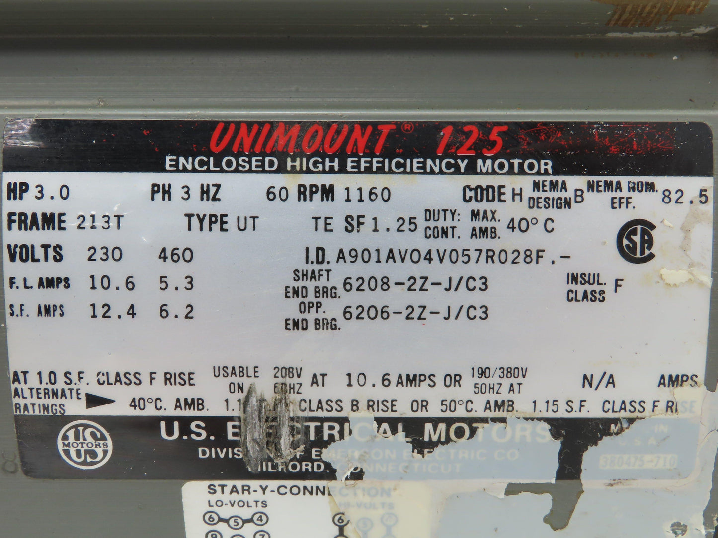 U.S. Motors A901AV04V057R028F 3 Hp Motor, 1160 Rpm, 213T Frame, 230/460v 3ph