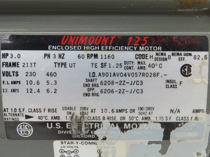 U.S. Motors A901AV04V057R028F 3 Hp Motor, 1160 Rpm, 213T Frame, 230/460v 3ph