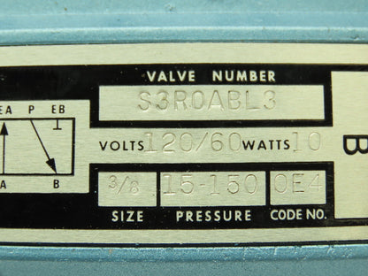 Honeywell Skinner S3R0ABL3 Solenoid Spool Valve 5-Way 2 Pos 120V 150 PSI 3/8"NPT