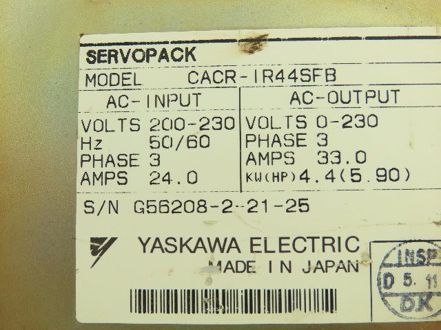 Yaskawa CACR-IR44SFB-P00-B03 Servopack Servo Drive 230V 3Ph Input