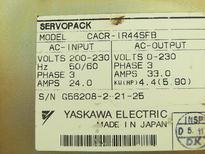 Yaskawa CACR-IR44SFB-P00-B03 Servopack Servo Drive 230V 3Ph Input