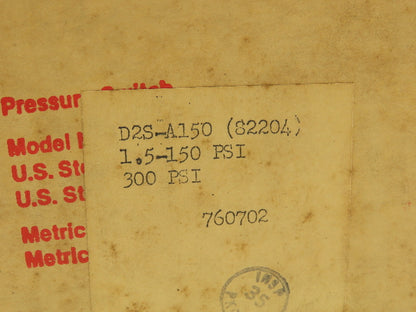Delaval Barksdale D2S-A150 Diaphragm Pressure Switch 1.5-150 PSI Range