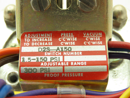 Delaval Barksdale D2S-A150 Diaphragm Pressure Switch 1.5-150 PSI Range