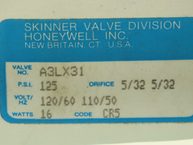 Honeywell Skinner A3LX31 Solenoid Valve 3-Way NC 120V 125 PSI 1/4" NPT -No Coil