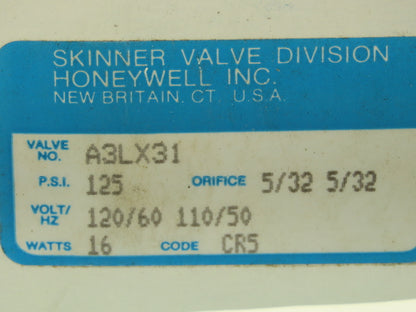 Honeywell Skinner A3LX31 Solenoid Valve 3-Way NC 120V 125 PSI 1/4" NPT -No Coil