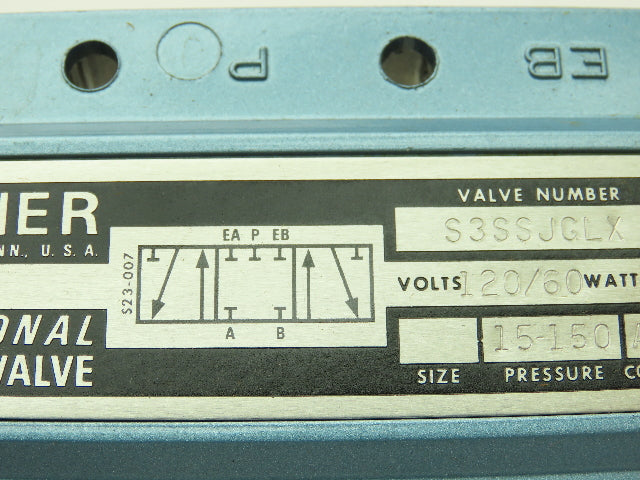 Skinner S3SSJGLX Pneumatic Directional Control Solenoid Valve 5/3 Pos 120V