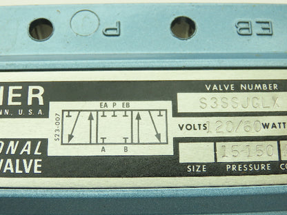 Skinner S3SSJGLX Pneumatic Directional Control Solenoid Valve 5/3 Pos 120V