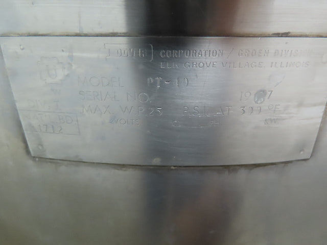 Dover PT-40 Stainless Steel Steam Jacketed Kettle, Pedestal Base