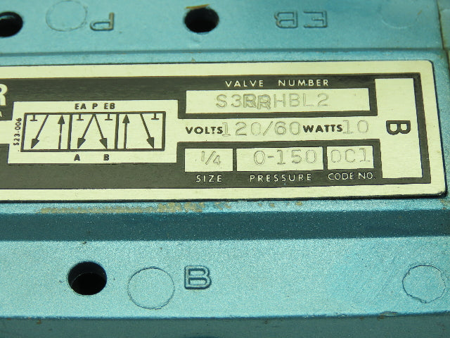 Skinner S3RRHBL2 Directional Control Valve 5-Way 2 Pos 120V 150PSI 1/4" NPT