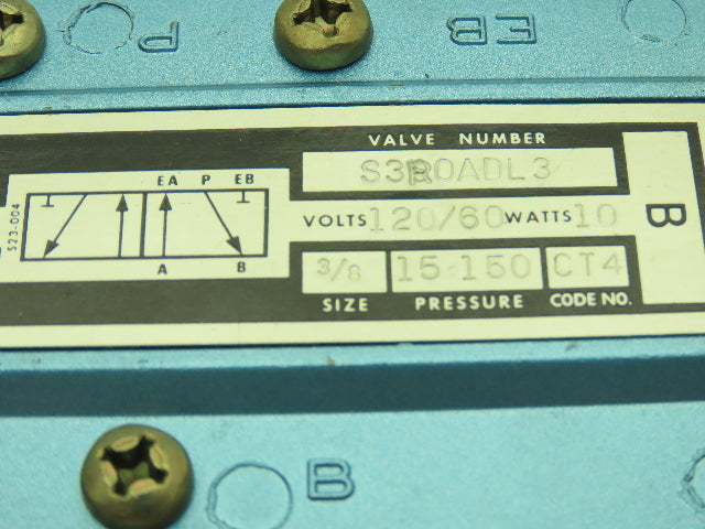Skinner S3R0ADL3 Solenoid Directional Control Valve 5-Way 2 Pos 150PSI 3/8" NPT