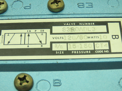 Skinner S3R0ADL3 Solenoid Directional Control Valve 5-Way 2 Pos 150PSI 3/8" NPT