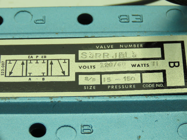 Skinner S3RRJBL3 Directional Control Valve 5-Way 3 Pos 120V 150PSI 3/8" NPT