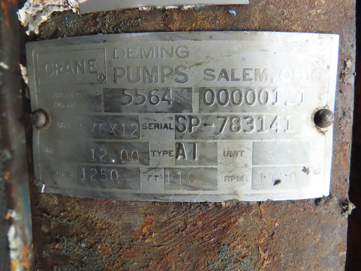 Crane Deming 5564 Size 6X6X12 Vertical Process Pump 110 ft Head 1250 gpm 60 hp