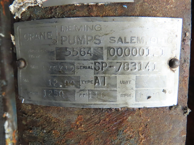 Crane Deming 5564 Size 6X6X12 Vertical Process Pump 110 ft Head 1250 gpm 60 hp