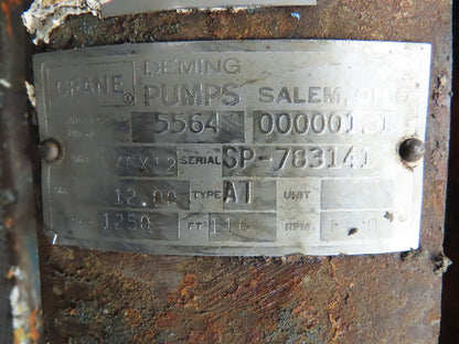 Crane Deming 5564 Size 6X6X12 Vertical Process Pump 110 ft Head 1250 gpm 60 hp