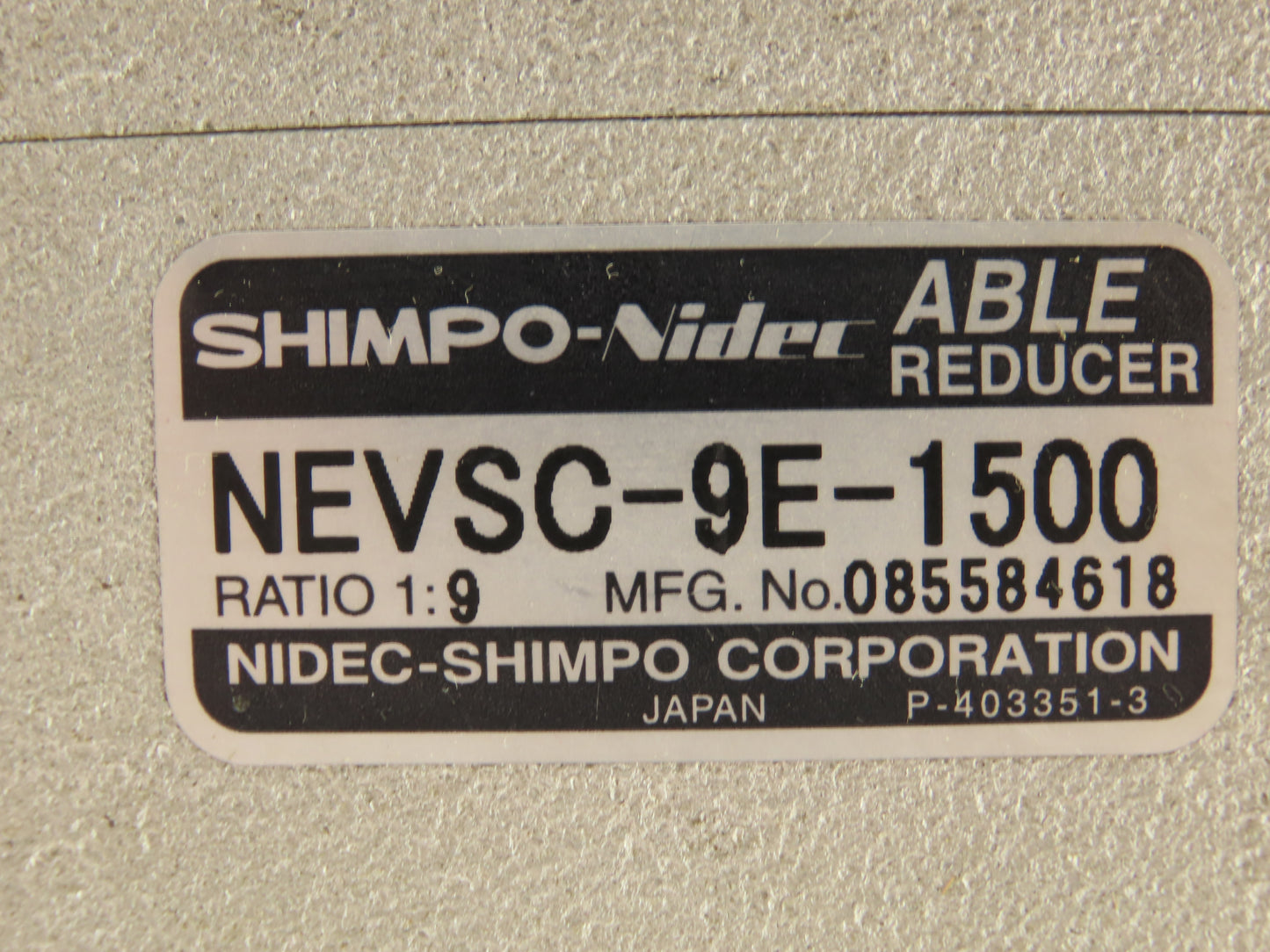 Nidec-Shimpo NEVSC-9E-1500 Servo Right Angle Able Reducer Gearbox 1:9 Ratio 9:1