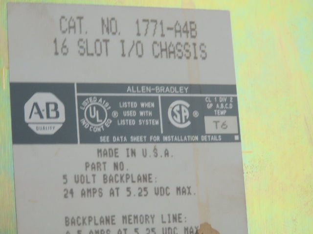 Allen Bradley 1771-A4B  16-Slot Chassis Rack I/O Backplane PLC-5/15 Processor