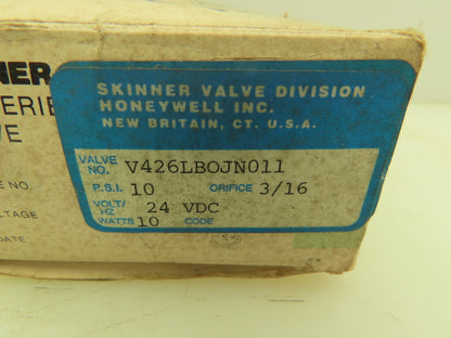 Honeywell Skinner V426LBOJN011 Solenoid Valve 3-Way NC 24VDC 10 PSI 3/8" Barb