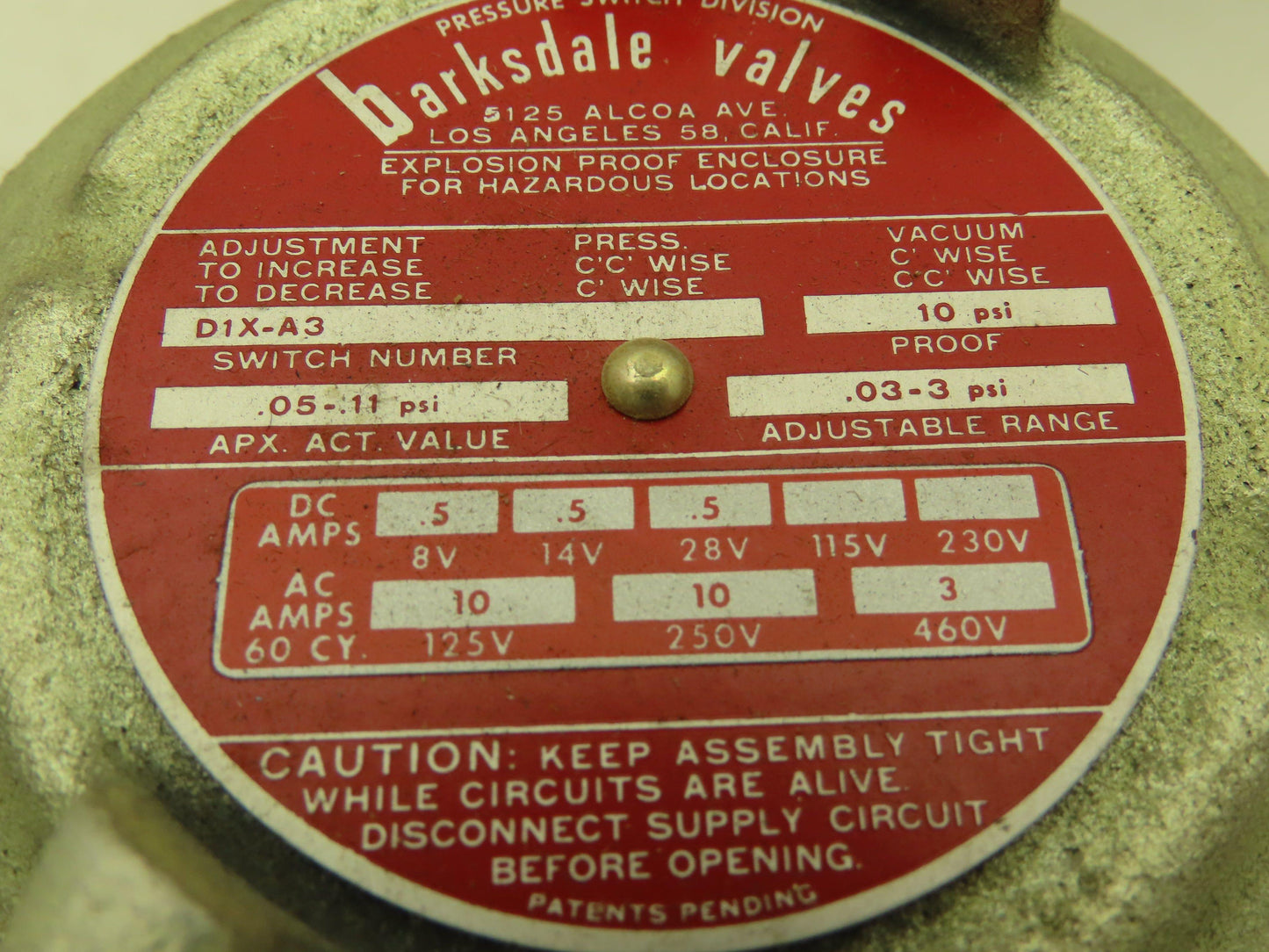 Barksdale Valve D1X-A3 Explosion Proof Pressure Switch 10 PSI 0.3-3PSI Range