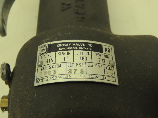 Crosby 41A Pressure Relief Valve 1" NPT 275 PSI  1693 SCFM