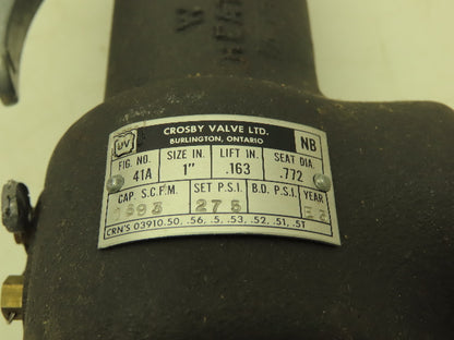 Crosby 41A Pressure Relief Valve 1" NPT 275 PSI  1693 SCFM