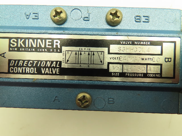 Skinner S3HHGDL4 Directional Control Spool Valve 5 Port 3 Pos 240V 3/8" NPT