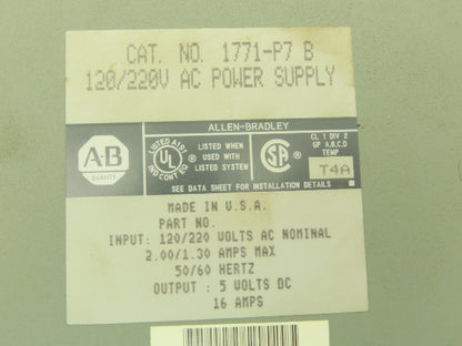Allen Bradley 1771-P7 PLC AC Power Supply 120/220V Ser B   Lot of 2