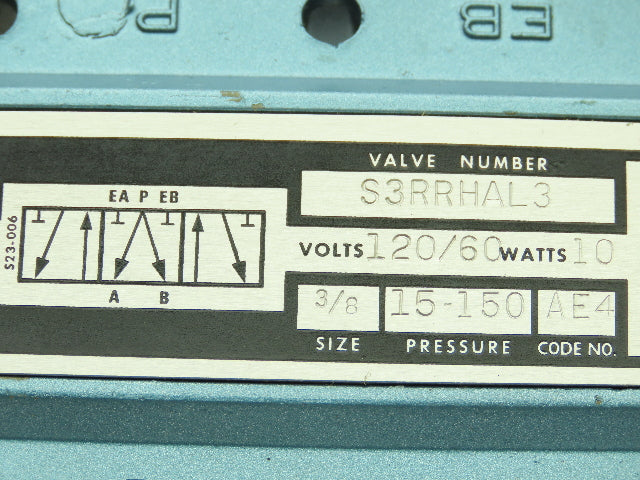 Skinner S3RRHAL3 Directional Control Valve 5-Way 3 Pos 120V Solenoid 3/8" NPT