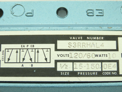 Skinner S3RRHAL4 Directional Control Valve 5-Way 3 Pos 120V 150 PSI 1/2" NPT