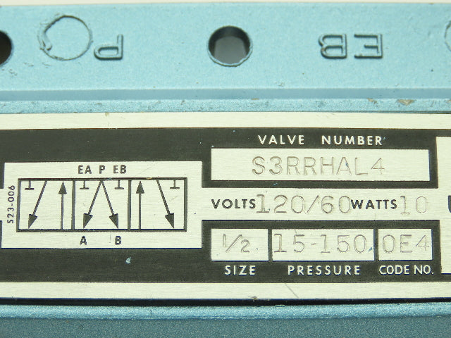 Skinner S3RRHAL4 Directional Control Valve 5-Way 3 Pos 120V 150 PSI 1/2" NPT