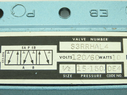 Skinner S3RRHAL4 Directional Control Valve 5-Way 3 Pos 120V 150 PSI 1/2" NPT