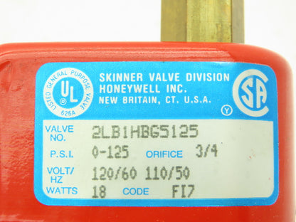 Honeywell Skinner 2LB1HBG5125 Brass Solenoid Valve 2-Way NO 120V 125PSI 3/4"NPT