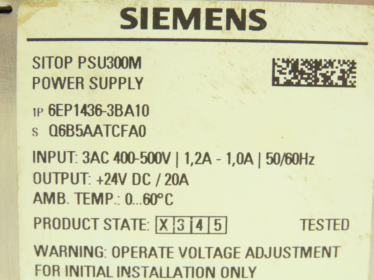 Siemens 6EP1 436-3BA10 DIN Rail Power Supply 24V/20A DC Output 400-500V 3PH