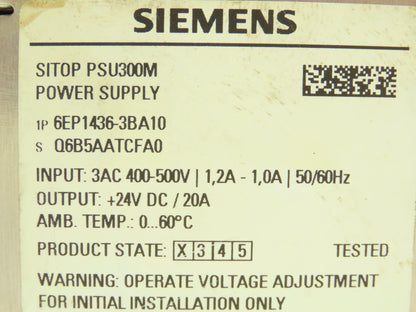 Siemens 6EP1 436-3BA10 DIN Rail Power Supply 24V/20A DC Output 400-500V 3PH