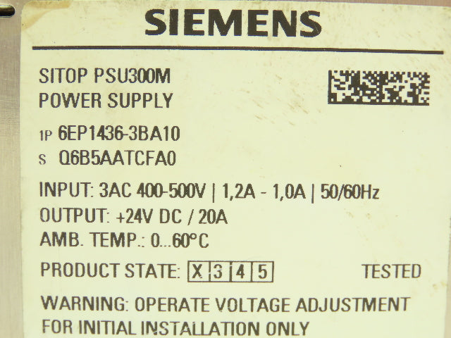 Siemens 6EP1 436-3BA10 DIN Rail Power Supply 24V/20A DC Output 400-500V 3PH