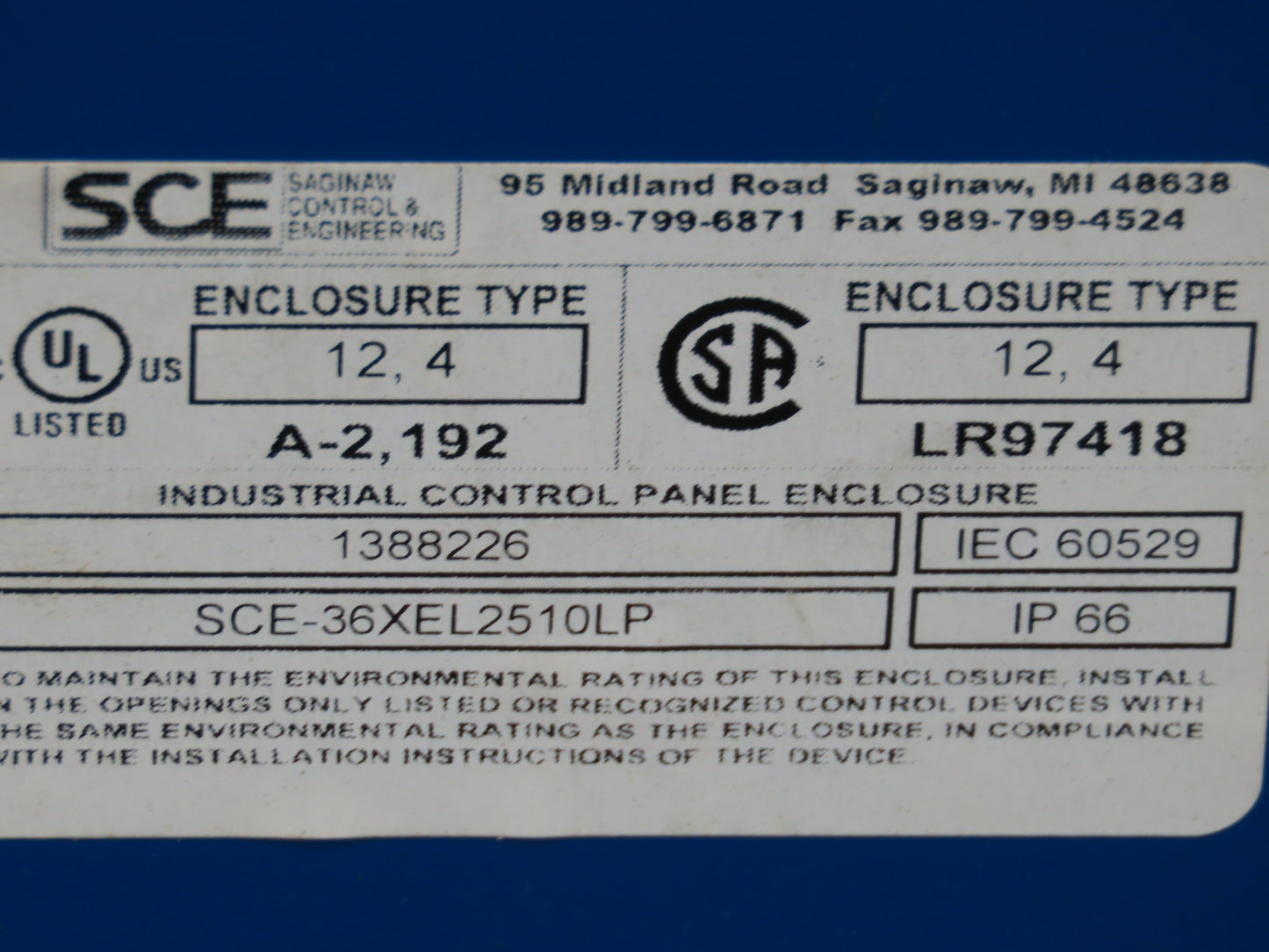 SCE SCE-36XEL2510LP Electrical Enclosure 36x25x10" Control Panel JIC Backplate