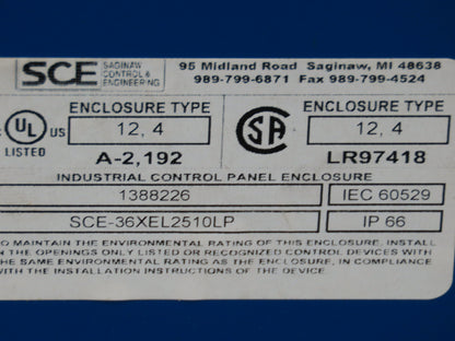 SCE SCE-36XEL2510LP Electrical Enclosure 36x25x10" Control Panel JIC Backplate