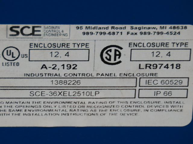 SCE SCE-36XEL2510LP Electrical Enclosure 36x25x10" Control Panel JIC Backplate