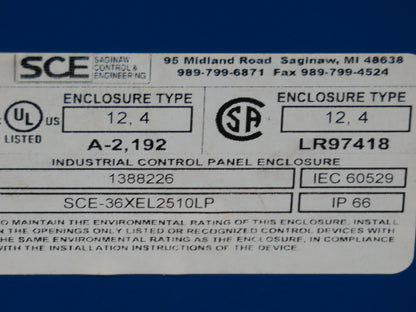 SCE SCE-36XEL2510LP Electrical Enclosure 36x25x10" Control Panel JIC Backplate