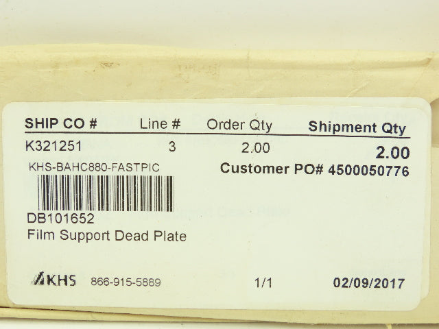 KHS-BAHC880-FASTPIC DB101652 Film Support Steel Dead Plate 2-3/8" x 31"