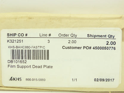 KHS-BAHC880-FASTPIC DB101652 Film Support Steel Dead Plate 2-3/8" x 31"