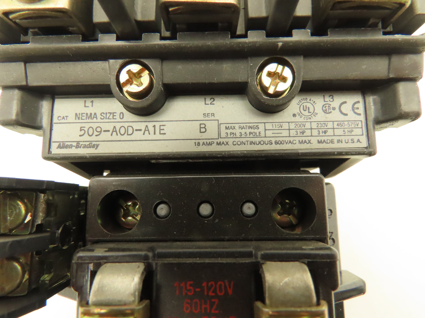 Allen Bradley 509-AOD-A1E Motor Starter Contactor 120V Coil Ser B Size 0 600V 5A