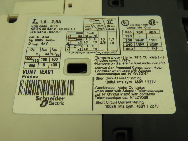 Square D Telemecanique Manual Motor Starter Contactor 3Ph 2.5A 690V 120V Coil