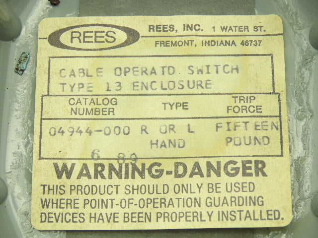 Rees 04944-000 Rope/Cable Operated Switch NO/NC Contacts R/L Hand 15Lb 250V Max