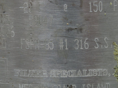 Filter Specialist FSPN-85 FSI Filter Bag Housing #1 316SS Side 2" Input/Output