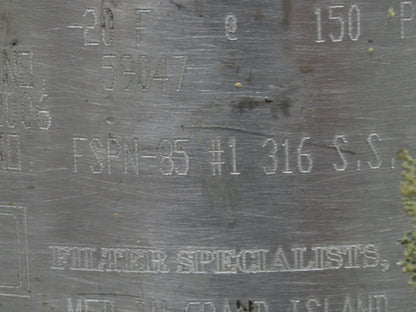 Filter Specialist FSPN-85 FSI Filter Bag Housing #1 316SS Side 2" Input/Output
