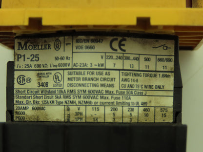 Moeller P1-25 Safety Disconnect Switch 690V 25A 3 Pole Lot of 2