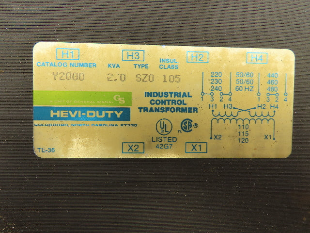 Hevi-Duty Y2000 Control Transformer 2KVA Sz0  240/480V -  120V