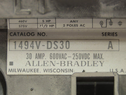 Allen Bradley 1494V-DS30 Fused Disconnect Switch 30A 600V Complete w/ Fuse Block