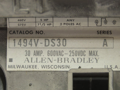 Allen Bradley 1494V-DS30 Fused Disconnect Switch 30A 600V Complete w/ Fuse Block